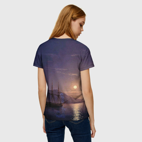 Женская футболка 3D с принтом Парусник у берегов Крыма в лунную ночь Айвазовский, вид сзади #2