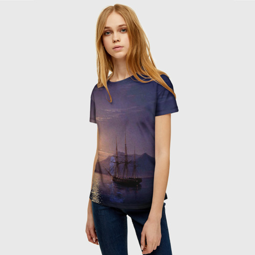 Женская футболка 3D с принтом Парусник у берегов Крыма в лунную ночь Айвазовский, фото на моделе #1