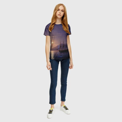 Женская футболка 3D с принтом Парусник у берегов Крыма в лунную ночь Айвазовский, вид сбоку #3