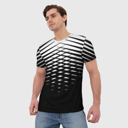 Мужская футболка 3D Черно-белая симметричная сетка из треугольников - фото 2