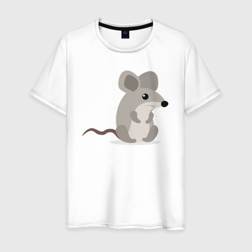 Мужская футболка из хлопка с принтом Серый мышонок сидит, вид спереди №1