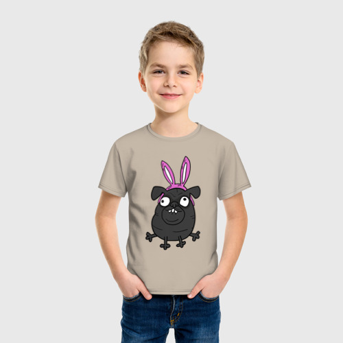Детская футболка хлопок с принтом Мопс с бантиком, фото на моделе #1
