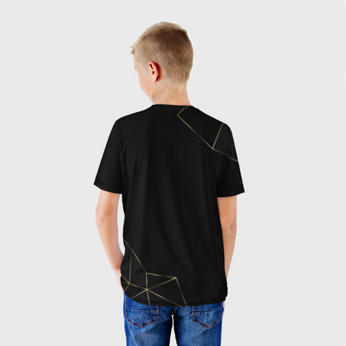 Детская футболка 3D с принтом Лого Tottenham и надпись legendary football club на темном фоне, вид сзади #2