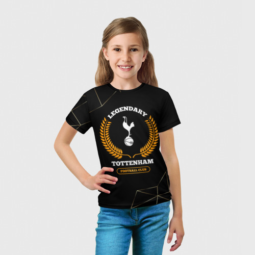 Детская футболка 3D с принтом Лого Tottenham и надпись legendary football club на темном фоне, вид сбоку #3