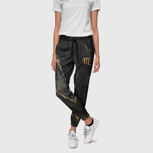 Женские брюки 3D Символ знака зодиака Скорпион черно-золотой, цвет 3D печать - фото 3