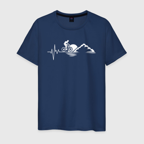 Мужская футболка из хлопка с принтом В биении сердца велосипед и горы, вид спереди №1
