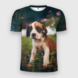 Мужская футболка 3D Slim Милый щенок на траве