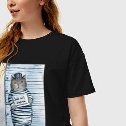 Женская футболка хлопок Oversize Акварельный рисунок плохой кот - фото 2