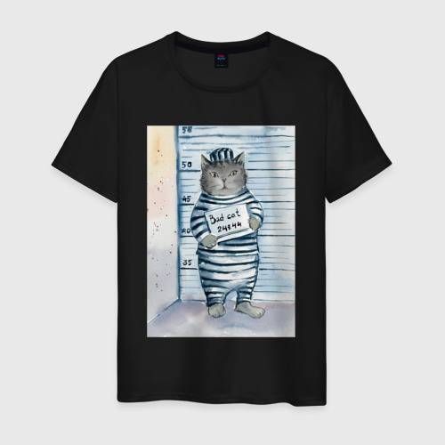 Мужская футболка хлопок Акварельный рисунок плохой кот, цвет черный