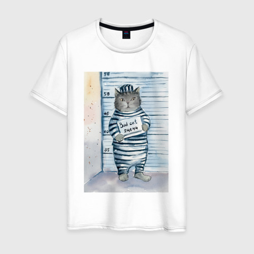 Мужская футболка из хлопка с принтом Акварельный рисунок плохой кот, вид спереди №1