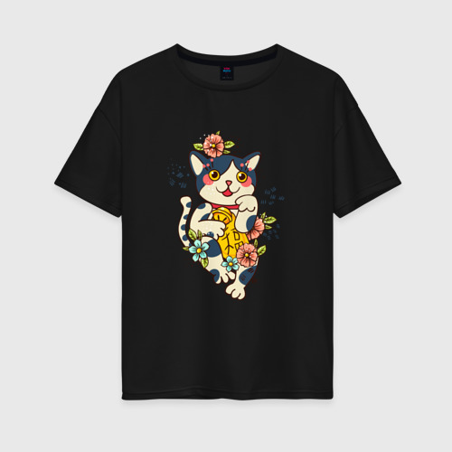 Женская футболка хлопок Oversize Манеки неко кошка символ счастья и удачи, цвет черный