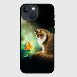 Чехол для iPhone 13 mini Кот с золотой рыбкой