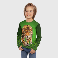 Лонгслив с принтом Леопард на фоне травы для ребенка, вид на модели спереди №2. Цвет основы: белый