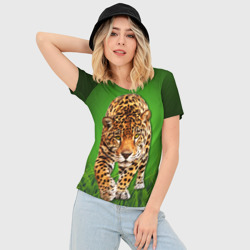 Женская футболка 3D Slim Леопард на фоне травы - фото 2