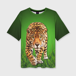 Женская футболка oversize 3D Леопард на фоне травы