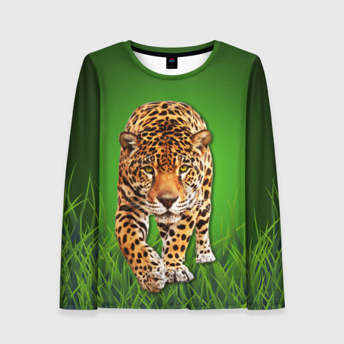 Женский лонгслив 3D Леопард на фоне травы, цвет 3D печать