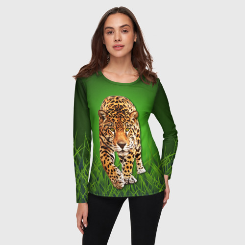 Женский лонгслив 3D Леопард на фоне травы, цвет 3D печать - фото 3