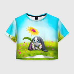 Женская футболка Crop-top 3D Чёрный кролик с ромашкой