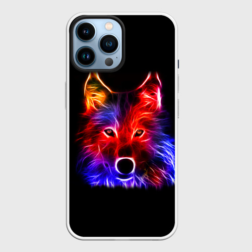 Чехол для iPhone 14 Pro Max с принтом Неоновый светящийся волк, вид спереди №1