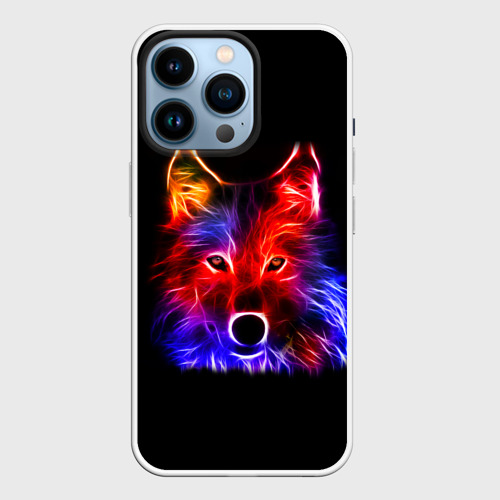 Чехол для iPhone 14 Pro с принтом Неоновый светящийся волк, вид спереди №1