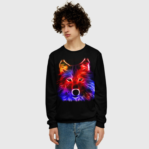 Мужской свитшот 3D Неоновый светящийся волк, цвет черный - фото 3