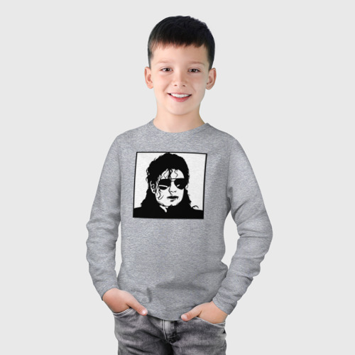Детский лонгслив хлопок с принтом Майкл Джексон  чёрно-белый, фото на моделе #1