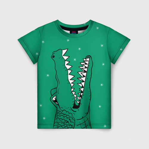 Детская футболка с принтом Крокодил ловит снежинки, вид спереди №1