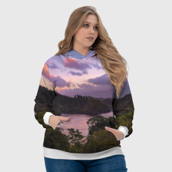 Толстовка с принтом Пейзаж вечерней реки и леса для женщины, вид на модели спереди №4. Цвет основы: белый