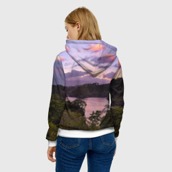 Толстовка с принтом Пейзаж вечерней реки и леса для женщины, вид на модели сзади №2. Цвет основы: белый