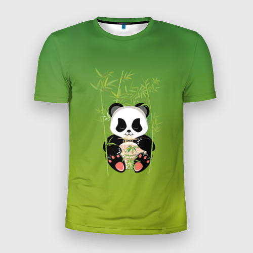 Мужская футболка 3D Slim с принтом Панда сидит среди бамбука и есть лапшу, вид спереди #2