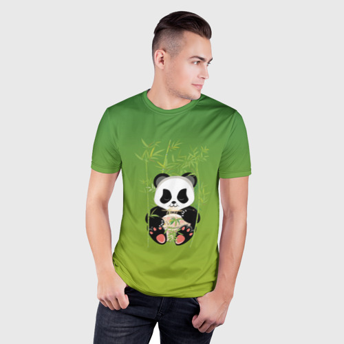 Мужская футболка 3D Slim с принтом Панда сидит среди бамбука и есть лапшу, фото на моделе #1