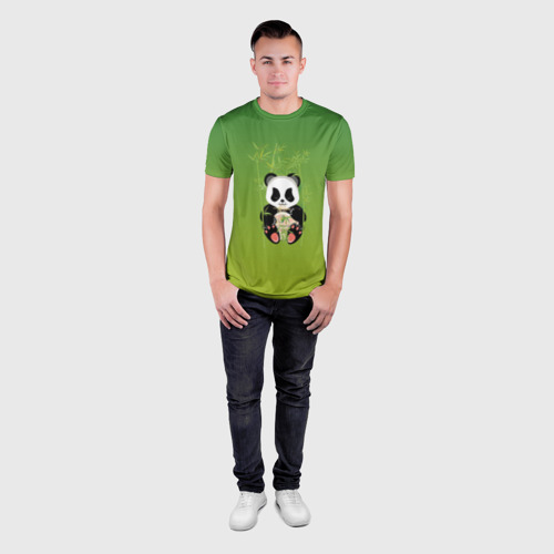 Мужская футболка 3D Slim с принтом Панда сидит среди бамбука и есть лапшу, вид сбоку #3