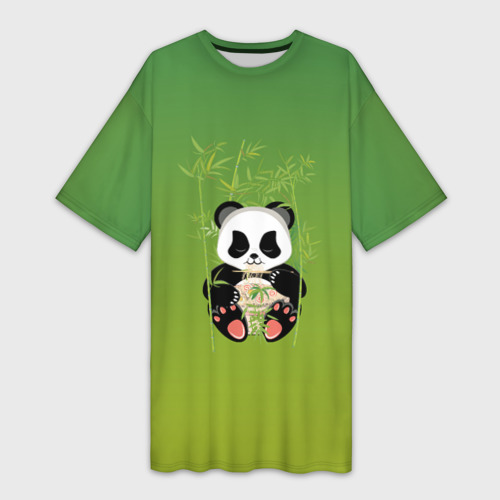 Платье-футболка с принтом Панда сидит среди бамбука и есть лапшу, вид спереди №1