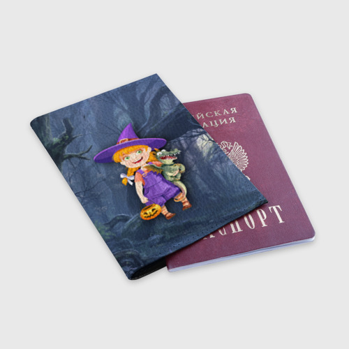 Обложка для паспорта матовая кожа Ведьма малолетка в тёмном лесу с дракончиком - фото 3