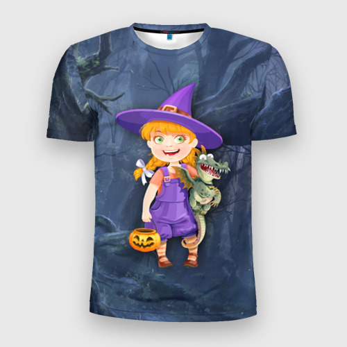 Мужская футболка 3D Slim с принтом Ведьма малолетка в тёмном лесу с дракончиком, вид спереди #2