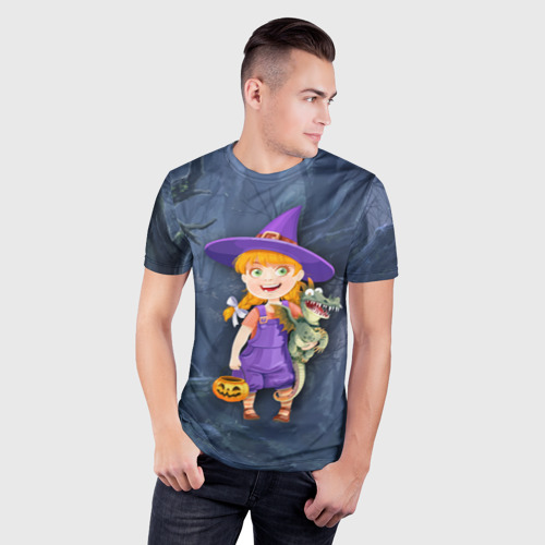 Мужская футболка 3D Slim с принтом Ведьма малолетка в тёмном лесу с дракончиком, фото на моделе #1