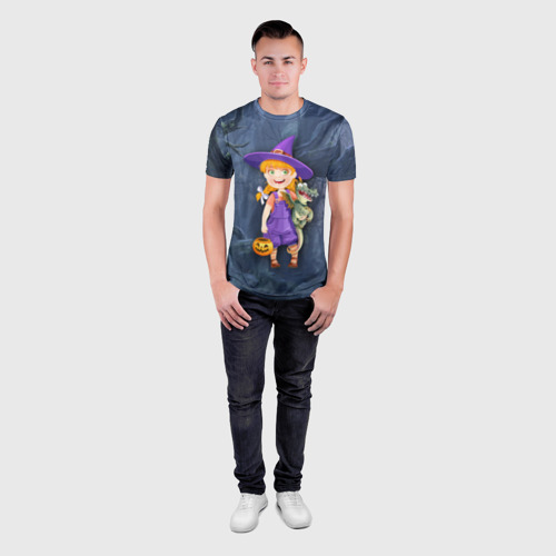 Мужская футболка 3D Slim с принтом Ведьма малолетка в тёмном лесу с дракончиком, вид сбоку #3