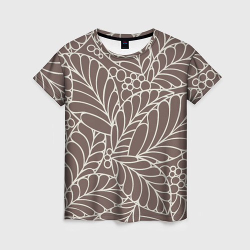 Женская футболка с принтом Кофеиновый паттерн из листьев, вид спереди №1