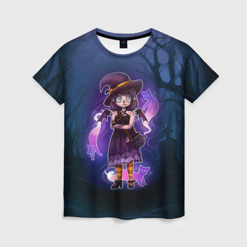 Женская футболка 3D с принтом Ведьма-малолетка с котами - Halloween, вид спереди #2