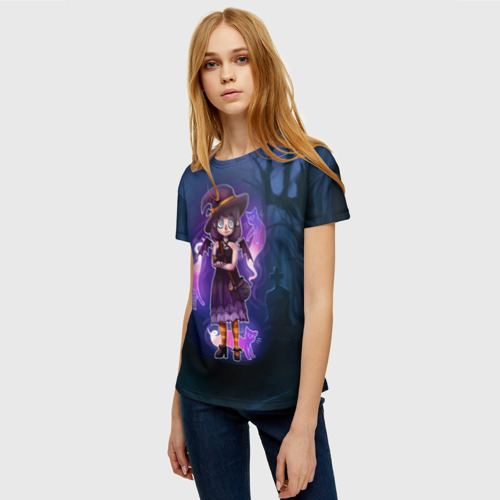 Женская футболка 3D с принтом Ведьма-малолетка с котами - Halloween, фото на моделе #1