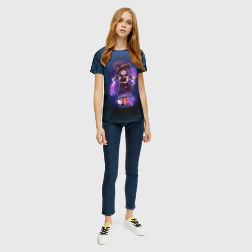 Женская футболка 3D с принтом Ведьма-малолетка с котами - Halloween, вид сбоку #3