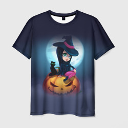 Мужская футболка 3D Маленькая прикольная ведьмочка с милым котёнком