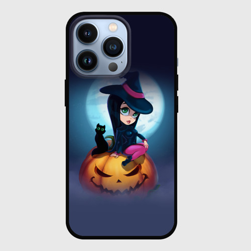 Чехол для iPhone 13 Pro Маленькая прикольная ведьмочка с милым котёнком, цвет черный