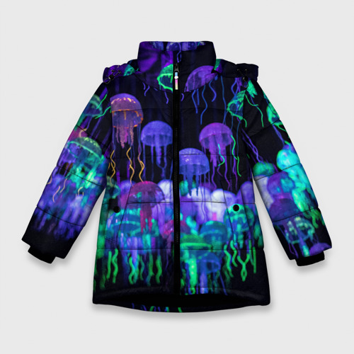 Зимняя куртка для девочек 3D Мы веселые неоновые медузы, цвет черный