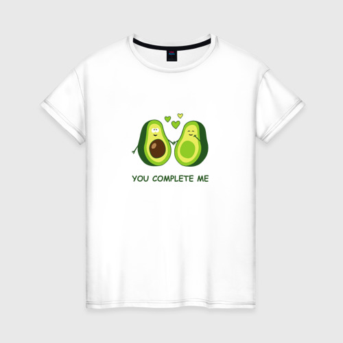 Женская футболка из хлопка с принтом Влюбленные авокадо. Милые авокадики, вид спереди №1