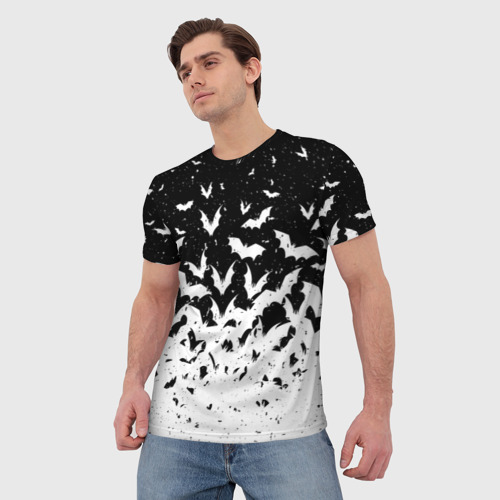 Мужская футболка 3D с принтом Black and white bat pattern, фото на моделе #1