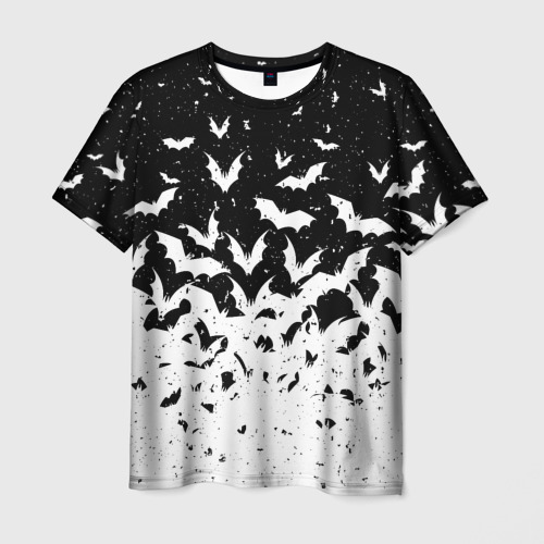 Мужская футболка 3D с принтом Black and white bat pattern, вид спереди #2