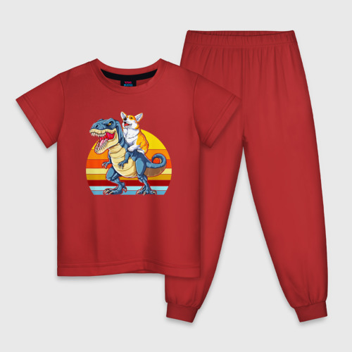 Детская пижама хлопок Корги верхом на тираннозавре, цвет красный