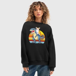Женский свитшот oversize без начеса хлопок Корги верхом на тираннозавре - фото 2