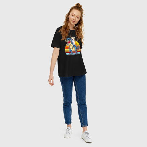 Женская футболка хлопок Oversize Корги верхом на тираннозавре, цвет черный - фото 5